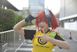 Rule 34 | aiba ami, aiba ami (cosplay), cosplay, digimon, goggles, goggles on head, highres, palmon, photo (medium), real life, red eyes, stuffed toy