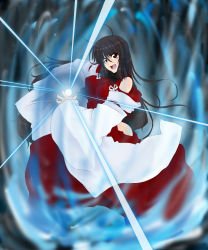 Rule 34 | 1girl, black hair, breasts, detached sleeves, energy ball, hakama, hakama skirt, impossible clothes, japanese clothes, large breasts, long hair, m.u.g.e.n, nontraditional miko, open mouth, original, red eyes, sendai hakurei no miko, skirt, solo, touhou, wide sleeves, yo-rindou