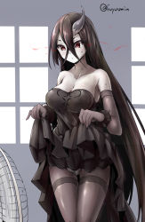 Rule 34 | 10s, 1girl, abyssal ship, artist name, bare shoulders, battleship water oni, black dress, black gloves, black hair, black pantyhose, bracelet, breasts, cleavage, clothes lift, collarbone, cowboy shot, crossed bangs, dress, dress lift, elbow gloves, electric fan, fanning crotch, female focus, fuyu mi, gloves, grey gloves, grey pantyhose, hair between eyes, horns, indoors, jewelry, kantai collection, large breasts, long hair, looking down, neck, off shoulder, open mouth, pale skin, panties, panties under pantyhose, pantyhose, red eyes, simple background, single horn, skirt, skirt lift, solo, spiked bracelet, spikes, strapless, strapless dress, sweat, thighband pantyhose, underwear, very long hair, window