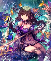 Rule 34 | 1girl, ahoge, air bubble, braid, breasts, brown hair, brown thighhighs, bubble, clam, clam shell, cleavage, coral, gloves, green eyes, hair ornament, highres, holding, holding staff, lee hyeseung, long hair, medium breasts, official art, pointy ears, seashell, shell, shell hair ornament, shingeki no bahamut, sitting, staff, thighhighs, tropical fish, twin braids, underwater, watermark, white gloves
