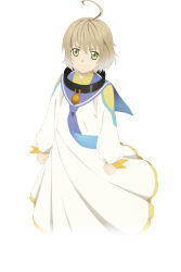 Rule 34 | 1boy, bell, blonde hair, child, clothes, collar, green eyes, laphicet (tales), long hair, looking at viewer, male focus, official art, serious, simple background, solo, standing, tales of (series), tales of berseria