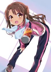 Rule 34 | 10s, 1girl, :d, bent over, blue pants, blush, brown eyes, brown hair, can, chikuwa., drink can, dutch angle, energy drink, eyebrows, eyelashes, hand on own knee, holding, idolmaster, idolmaster cinderella girls, jacket, long hair, long sleeves, looking at viewer, open mouth, pants, pink jacket, pov, shimamura uzuki, shoelaces, shoes, smile, sneakers, soda can, solo, standing, sweatdrop, towel, towel around neck, track jacket, track pants, track suit, zipper