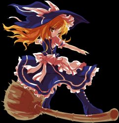 Rule 34 | 1girl, alphes, apron, blonde hair, boots, bow, broom, broom surfing, female focus, full body, game cg, hat, hat bow, hopeless masquerade, kirisame marisa, looking at viewer, official art, outstretched arm, shirt, short sleeves, skirt, smile, solo, standing, touhou, transparent background, yellow eyes