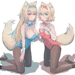 Rule 34 | 2girls, animal ear fluff, animal ears, bandaid, bandaid hair ornament, black footwear, blonde hair, blue bow, blue bowtie, blue eyes, blue hair, blue leotard, bow, bowtie, breasts, cleavage, collar, detached collar, dog ears, dog girl, dog tail, fishnet pantyhose, fishnets, fuwawa abyssgard, hair ornament, hairpin, high heels, highres, higure yuu, hololive, hololive english, large breasts, leotard, long hair, looking at viewer, medium hair, mococo abyssgard, multicolored hair, multiple girls, pantyhose, pink bow, pink bowtie, pink eyes, pink hair, pink leotard, playboy bunny, siblings, sidelocks, sisters, small breasts, strapless, strapless leotard, streaked hair, tail, twins, two side up, virtual youtuber, white background, white collar, white wrist cuffs, wrist cuffs, x hair ornament