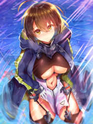 Rule 34 | 1girl, absurdres, ahoge, artist name, azur lane, bad id, bad pixiv id, baltimore (azur lane), black thighhighs, blue coat, blurry, blush, breasts, brown hair, center opening, character name, cleavage, clothing cutout, coat, cowboy shot, day, depth of field, from above, garter straps, gloves, hair between eyes, highres, hood, hooded coat, large breasts, leotard, looking at viewer, looking up, midriff, navel, navel cutout, outdoors, short hair, solo, standing, starfish, sunlight, taut clothes, thighhighs, thighs, tub (abcehknqux), underboob, wading, water, white gloves, yellow eyes
