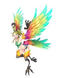 Rule 34 | 1girl, :d, bare shoulders, braid, claws, colorful, copyright request, crop top, feathers, full body, glint, green hair, harpy, highres, looking at viewer, monster girl, multicolored wings, navel, open mouth, ponytail, purple eyes, short shorts, shorts, simple background, smile, solo, tail, white background, winged arms, wings, yuuji (and)