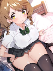 Rule 34 | 1girl, bag, batsuma, bed, bed sheet, black skirt, black thighhighs, blush, bra visible through clothes, braid, breasts, brown hair, closed mouth, collarbone, collared shirt, commentary request, curvy, green neckwear, hand on own hip, highres, indoors, looking at viewer, original, panties, pantyshot, pillow, pleated skirt, school bag, school uniform, shirt, sidelocks, sitting, skirt, solo, sweatdrop, thighhighs, thighs, twin braids, underwear, wariza, wavy mouth, white shirt, yellow eyes