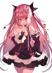 Rule 34 | 1girl, :d, bare shoulders, black choker, black dress, blood, blush, bow, buttons, choker, cowboy shot, detached sleeves, dress, finger to mouth, frilled dress, frills, gothic lolita, hair ornament, highres, krul tepes, lolita fashion, long hair, looking at viewer, open mouth, owari no seraph, pink bow, pink hair, pointy ears, red eyes, smile, solo, soukou makura, two side up, vampire, very long hair