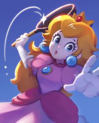 Rule 34 | 1girl, 482egg, blonde hair, blue background, blue eyes, breasts, brooch, cowboy shot, crown, dress, earrings, elbow gloves, eyelashes, frying pan, glint, gloves, hands up, highres, holding, holding frying pan, incoming attack, jewelry, lips, long hair, looking at viewer, mario (series), medium breasts, nintendo, open hand, open mouth, outstretched arms, pink dress, pink lips, princess, princess peach, puffy short sleeves, puffy sleeves, short sleeves, simple background, solo, spread arms, super mario rpg, white gloves
