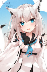 Rule 34 | 1girl, :d, absurdres, animal ear fluff, animal ears, azur lane, black gloves, black sailor collar, blue eyes, blue neckwear, blue ribbon, blush, breasts, collarbone, commentary request, crossed bangs, detached sleeves, eyes visible through hair, fox ears, fox girl, fox tail, gloves, hair between eyes, highres, kawakaze (azur lane), long hair, looking at viewer, medium breasts, nontraditional miko, open mouth, ribbon, ribbon-trimmed clothes, ribbon-trimmed sleeves, ribbon trim, ryou (ryo 217cafe), sailor collar, silver hair, simple background, smile, solo, tail, translation request, wide sleeves