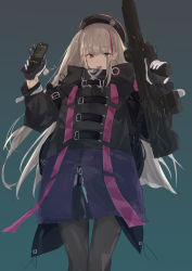 Rule 34 | 1girl, assault rifle, automatic rifle, battle rifle, black pantyhose, blue background, bullpup, carbine, cellphone, commentary request, desert tech mdr, flip phone, girls&#039; frontline, gloves, gun, heterochromia, highres, holding, holding weapon, long hair, looking at viewer, mdr (girls&#039; frontline), multicolored hair, open mouth, pantyhose, phone, platinum blonde hair, rifle, solo, streaked hair, weapon, white gloves
