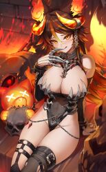 Rule 34 | 1girl, animal ears, breasts, claw ring, cleavage, covered navel, demon girl, demon horns, dog, dog ears, dog girl, fire, highres, horns, indie virtual youtuber, large breasts, leotard, looking at viewer, maenoo, multicolored hair, orange eyes, orange hair, sinder (vtuber), sinder (vtuber) (2nd costume), sitting, skull, smile, solo, thighhighs, tongue, tongue out, torn clothes, virtual youtuber