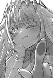 Rule 34 | 1girl, ;3, absurdres, bracelet, circlet, greyscale, hand on own cheek, hand on own face, highres, hololive, hololive english, jewelry, kay yu, koseki bijou, koseki bijou (1st costume), looking at viewer, monochrome, one eye closed, pointing, pointing at viewer, portrait, solo, virtual youtuber