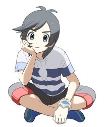 Rule 34 | 1boy, antenna hair, aoaomzir, blue footwear, capri pants, closed mouth, commentary request, creatures (company), elio (pokemon), full body, game freak, grey eyes, grey hair, head rest, looking at viewer, male focus, nintendo, pants, pokemon, pokemon sm, shirt, shoes, short sleeves, simple background, solo, striped clothes, striped shirt, sweatdrop, white background, z-ring