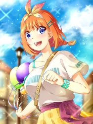 Rule 34 | 1girl, balloon, between breasts, blue eyes, blue sky, blurry, bracelet, breasts, building, depth of field, go-toubun no hanayome, hair ornament, hairband, hairclip, highres, holding, holding balloon, jewelry, large breasts, low twintails, nakano yotsuba, off-shoulder shirt, off shoulder, orange hair, pleated skirt, shirt, skirt, sky, solo, sparkle, strap between breasts, twintails, upper body, wai (y48754085), yellow skirt
