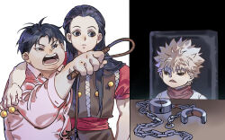 Rule 34 | 3boys, angry, annoyed, arm around shoulder, between fingers, black hair, brothers, chain, chair, cuffs, expressionless, hair slicked back, holding, holding nail, holding weapon, holding whip, hunter x hunter, illumi zoldyck, killua zoldyck, long hair, long sleeves, male focus, meme, milluki zoldyck, mr study, multiple boys, nail, open mouth, outstretched arm, parted bangs, pink shirt, shackles, shirt, short sleeves, shouting, siblings, spiked hair, split screen, table, turtleneck, upper body, weapon, white background, white hair, woman yelling at cat (meme)