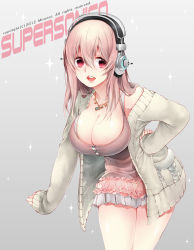 Rule 34 | 1girl, bad id, bad pixiv id, breasts, cleavage, headphones, jacket, jewelry, large breasts, leaning forward, long hair, mirunai, necklace, nitroplus, off shoulder, pink eyes, pink hair, pleated skirt, skirt, sleeves past wrists, smile, solo, sparkle, super sonico