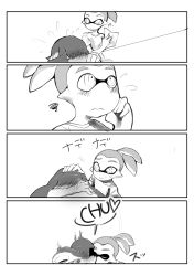 Rule 34 | 1boy, 1girl, bad id, bad pixiv id, blush, comic, crying, greyscale, hand on another&#039;s head, headpat, heart, hetero, highres, inkling, inkling boy, inkling girl, inkling player character, kiss, long hair, looking up, monochrome, nintendo, open mouth, pointy ears, sayo25, short hair, silent comic, sitting, splatoon (series), splatoon 1, squiggle, standing, surprised, sweatdrop, topknot, translated