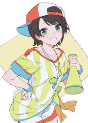 Rule 34 | 1girl, baggy clothes, baseball cap, black hair, blue eyes, blush, commentary, cowboy shot, grin, hand on own hip, hat, holding, holding megaphone, hololive, izumi sai, looking at viewer, megaphone, oozora subaru, oozora subaru (1st costume), shirt, short hair, short sleeves, shorts, sideways hat, simple background, smile, solo, stopwatch, striped clothes, striped shirt, tied shirt, vertical-striped clothes, vertical-striped shirt, virtual youtuber, watch, whistle, whistle around neck, white shorts, yellow background
