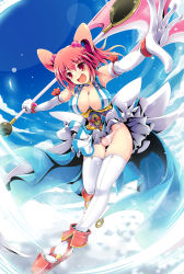 Rule 34 | 1girl, :d, adapted costume, armpits, blush, bow, bow panties, breasts, choker, cleavage, clog sandals, cloud, coin, day, elbow gloves, female focus, gloves, hair bobbles, hair ornament, high heels, highres, ichirino minagi, large breasts, magical girl, obi, okobo, onozuka komachi, open mouth, outstretched arms, panties, pantyshot, pink hair, platform footwear, platform heels, red eyes, revealing clothes, sandals, sash, scythe, shoes, skirt, sky, smile, solo, spread arms, tabi, thigh gap, thighhighs, touhou, twintails, two side up, underwear, upskirt, white panties, white thighhighs, wind, wind lift