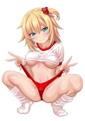 Rule 34 | 1girl, akai haato, apita (apitaro), blonde hair, blue eyes, blush, breasts, clothes lift, clothes pull, double v, gym uniform, hair ornament, heart, heart hair ornament, highres, hololive, long hair, looking at viewer, loose socks, navel, one side up, shirt lift, shorts, shorts pull, smile, socks, solo, thighs, underboob, v, virtual youtuber