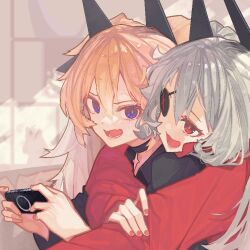 Rule 34 | 2girls, :d, annoyed, black choker, black shirt, blonde hair, blue eyes, choker, clear (djmax), collared shirt, djmax, djmax respect, eyepatch, fail (djmax), fang, grey hair, hair between eyes, hair ornament, handheld game console, holding, holding handheld game console, hug, hug from behind, light, long hair, looking at another, multiple girls, open mouth, playstation portable, red eyes, red nails, red shirt, shirt, skin fang, smile, upper body, wronstap, yellow nails