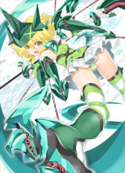 Rule 34 | 10s, 1girl, akatsuki kirika, ass, bare shoulders, blonde hair, blush, boots, bow, breasts, char, dutch angle, elbow gloves, from behind, gloves, glowing, green eyes, headgear, highres, holding, holding weapon, leotard, looking at viewer, looking back, medium breasts, open mouth, scythe, senki zesshou symphogear, short hair, skirt, smile, solo, striped clothes, striped thighhighs, thighhighs, weapon