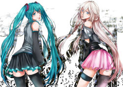 Rule 34 | 2girls, aqua eyes, aqua hair, bare shoulders, bass clef, beamed quavers, blue eyes, braid, detached sleeves, hatsune miku, ia (vocaloid), long hair, looking at viewer, looking back, multiple girls, musical note, necktie, off shoulder, pink hair, sharp sign, single thighhigh, skirt, smile, thigh strap, thighhighs, treble clef, twin braids, twintails, very long hair, vocaloid, zettai ryouiki