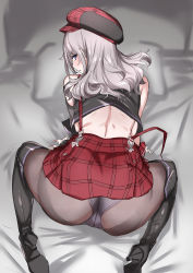 Rule 34 | 1girl, absurdres, alisa ilinichina amiella, all fours, ass, back, backboob, bed, beret, black footwear, black gloves, black panties, black pantyhose, black vest, blue eyes, boots, breasts, cropped vest, crotch seam, fingerless gloves, from behind, gloves, god eater, god eater burst, grey hair, hat, high heel boots, high heels, highres, long hair, looking at viewer, looking back, midriff, mogi yasunobu, on bed, panties, panties under pantyhose, pantyhose, parted lips, plaid, plaid headwear, plaid skirt, red skirt, skirt, solo, suspender skirt, suspenders, suspenders slip, thigh boots, underwear, v-shaped eyebrows, vest