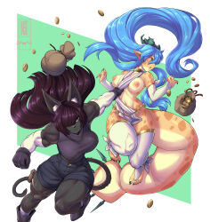 Rule 34 | 2girls, absurdres, animal ears, black hair, blue hair, blunt bangs, blunt ends, breasts, bridal gauntlets, bridal legwear, brown eyes, cat ears, cat girl, cat tail, coin, coin purse, commentary, covered erect nipples, dark-skinned female, dark skin, detached sleeves, english commentary, furry, furry female, gloves, gold coin, hair over one eye, highres, insouwu, large breasts, long hair, looking at viewer, multiple girls, muscular, muscular female, navel, nia (gcho), nipples, open mouth, original, pointy ears, shorts, tail, thigh strap, tongue, very long hair, watermark, yellow eyes