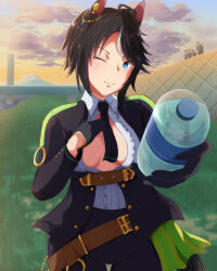 Rule 34 | 1boy, 4girls, ahoge, animal ears, belt, black gloves, black hair, black jacket, black necktie, blue eyes, bottle, breasts, brown belt, center frills, cleavage, closed mouth, collared shirt, commentary request, cowboy shot, dusk, ear ornament, ear piercing, frilled shirt, frills, fuji kiseki (umamusume), gloves, grass, hand on own chest, holding, holding bottle, horse ears, horse girl, horse tail, jacket, long sleeves, looking at viewer, medium breasts, multicolored hair, multiple girls, necktie, noteblue, one eye closed, outdoors, partially unbuttoned, piercing, shirt, short hair, sidelocks, smile, solo focus, standing, swept bangs, tail, tanabe trainer, umamusume, umamusume: beginning of a new era, underbust, water bottle, white hair, white shirt