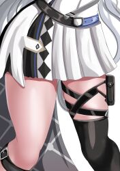Rule 34 | 1girl, absurdres, belt, drie, grey hair, head out of frame, highres, hololive, hololive indonesia, long hair, pleated skirt, pouch, shiny skin, single thighhigh, skirt, thigh focus, thigh pouch, thigh strap, thighhighs, thighs, vestia zeta, virtual youtuber