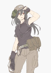 Rule 34 | 1girl, ayyh, belt, between breasts, breasts, cargo pants, collarbone, fingerless gloves, flat color, gloves, hat, headset, highres, long hair, original, pants, parted lips, red eyes, shirt, solo, strap between breasts, sweat, t-shirt, utility belt