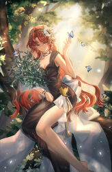 Rule 34 | 1girl, bare arms, bare shoulders, barefoot, black dress, blue butterfly, bouquet, bracelet, bug, butterfly, butterfly on hand, crescent, crescent hair ornament, curly hair, dress, druvis iii, fanxing (user kydu8524), feet out of frame, flower, green eyes, hair ornament, hand up, highres, holding, holding bouquet, in tree, insect, jewelry, leaf hair ornament, light particles, long dress, long hair, looking at viewer, mistletoe, necklace, orange hair, parted bangs, reverse:1999, side slit, sitting, sitting in tree, sitting on branch, sleeveless, sleeveless dress, smile, solo, sunlight, tree, very long hair