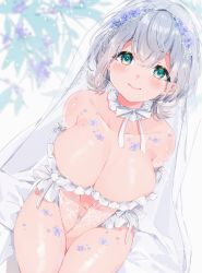 Rule 34 | 1girl, bare shoulders, between legs, blush, bra, braid, breasts squeezed together, breasts, bridal veil, cleavage, closed mouth, collarbone, commentary, dutch angle, flower, frilled bra, frilled panties, frills, green eyes, hair between eyes, hair flower, hair ornament, hand between legs, harui (hr x9 ), highres, hololive, large breasts, looking at viewer, midriff, mole, mole on breast, navel, panties, revealing clothes, ribbon, shirogane noel, short hair, silver hair, single braid, sitting, smile, solo, thighs, underwear, veil, virtual youtuber, white bra, white panties, white ribbon
