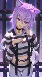 Rule 34 | ahoge, animal ear fluff, animal ears, ao ne, bars, black choker, breasts, cat ears, cat girl, cat tail, choker, commentary, cuffs, handcuffs, highres, hololive, large breasts, looking at viewer, medium hair, navel, nekomata okayu, open mouth, pants, prison cell, prison clothes, purple eyes, purple hair, shirt, striped clothes, striped pants, striped shirt, suspenders, tail, virtual youtuber
