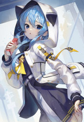 Rule 34 | 1girl, absurdres, animal hood, apple juice, black shirt, black skirt, blue eyes, blue hair, breasts, cat hood, commentary, cowboy shot, drink, drinking straw, expressionless, hair between eyes, highres, holding, holding drink, hololive, hood, hood up, hooded jacket, hoshimachi suisei, hoshimachi suisei (school uniform), jacket, juice, juice box, light blue hair, long hair, long sleeves, looking at viewer, official alternate costume, open clothes, open jacket, parted lips, pleated skirt, sailor collar, school uniform, scottie (phantom2), serafuku, shirt, skirt, small breasts, solo, standing, virtual youtuber, white jacket, yellow neckwear