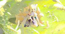 Rule 34 | 1girl, animal, animal ear fluff, animal ears, arknights, bare shoulders, bird, black footwear, black gloves, blonde hair, blue skirt, blurry, blurry foreground, braid, braided hair rings, breasts, closed mouth, day, depth of field, flower, fox, fox ears, fox girl, fox tail, gloves, green eyes, hair between eyes, hair rings, hairband, highres, kitsune, kyuubi, looking away, multiple tails, on grass, outdoors, pantyhose, pleated skirt, shirt, shoes, sidelocks, single glove, sitting, skirt, small breasts, smile, solo, suyi-j, suzuran (arknights), tail, wariza, white flower, white hairband, white shirt