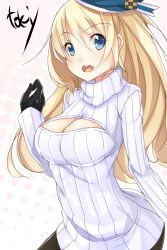 Rule 34 | 10s, 1girl, alternate costume, artist name, atago (kancolle), beret, black gloves, blonde hair, blue eyes, blush, breasts, cleavage, cleavage cutout, clothing cutout, female focus, gloves, hat, highres, kantai collection, large breasts, long hair, looking at viewer, meme attire, open-chest sweater, open mouth, pantyhose, ribbed sweater, solo, sweater, toki/, turtleneck, upper body