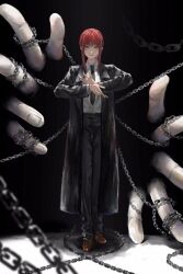 Rule 34 | 1girl, absurdres, black background, black coat, black necktie, black pants, black suit, braid, braided ponytail, brown footwear, chain, chainsaw man, chinese commentary, coat, collared shirt, commentary request, disembodied limb, formal, full body, ghost hands, highres, long sleeves, looking at viewer, makima (chainsaw man), medium hair, necktie, own hands together, pants, parted lips, red hair, shirt, shoes, sidelocks, single75, smile, solo, standing, straight-on, suit, white shirt, yellow eyes