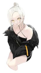 Rule 34 | 1girl, black jacket, collarbone, double bun, flat chest, forehead, hair bun, highres, jacket, off shoulder, original, pale skin, sogawa, solo, thighs, tongue, tongue out, white hair, yellow eyes