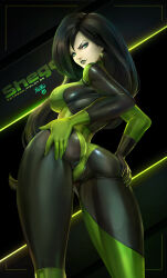 Rule 34 | 1girl, ass, black bodysuit, black gloves, black hair, bodysuit, breasts, character name, commentary, earrings, english commentary, english text, felox08, glint, gloves, green bodysuit, green eyes, green gloves, grin, hands on own ass, jewelry, kim possible (series), large breasts, long hair, looking at viewer, seductive smile, shego, simple background, smile, spread ass, two-tone bodysuit
