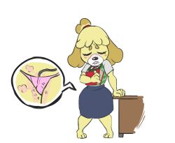 Rule 34 | 1girl, absurdres, animal crossing, animal ears, animal hands, arm support, barefoot, blonde hair, blue skirt, blush, blush stickers, book, breasts, clenched hand, close-up, closed eyes, closed mouth, desk, discreet vibrator, dog ears, female focus, full body, furry, furry female, green vest, hair tie, hand up, highres, holding, isabelle (animal crossing), jpeg artifacts, lip biting, masturbation, multiple views, neck ribbon, nintendo, nose blush, panties, pigeon-toed, pink panties, plaid, plaid vest, red ribbon, remote control vibrator, ribbon, sex toy, shirt, short hair, short sleeves, simple background, skirt, small breasts, speech bubble, standing, teeth, topknot, underwear, vest, vibrator, vibrator cord, vibrator under clothes, white background, white shirt