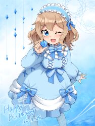 Rule 34 | 1girl, absurdres, aona (shiraha maru), birthday, blue bow, blue bowtie, blue dress, blue eyes, blue hairband, blue pantyhose, bow, bowtie, brooch, brown hair, collar, commentary, dated, dress, english text, frilled collar, frilled hairband, frilled sleeves, frills, gem, hairband, happy birthday, highres, holding, holding gem, jewelry, lolita fashion, long sleeves, looking at viewer, medium dress, medium hair, one eye closed, open mouth, original, pantyhose, shiraha maru, smile, solo, standing, wavy hair