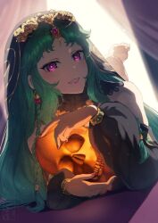 Rule 34 | 1girl, arabian clothes, bare shoulders, barefoot, braid, commentary request, earrings, fate/grand order, fate (series), fingernails, green hair, grin, hair ornament, highres, holding, holding skull, jewelry, lips, long hair, looking back, lying, nail polish, pink lips, pink nails, purple eyes, salome (fate), skull, smile, solo, teria (teriarian), toes, veil, very long hair