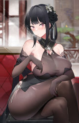Rule 34 | 1girl, :o, absurdres, adjusting clothes, adjusting dress, azur lane, backless dress, backless outfit, bare shoulders, black dress, black flower, black hair, black legwear, black rose, blurry, blurry background, blush, bonsai, breast rest, breasts, chen hai (azur lane), chen hai (vestibule of wonders) (azur lane), china dress, chinese clothes, clothing cutout, collarbone, couch, crossed legs, diffraction spikes, dress, elbow gloves, flower, gloves, hair flower, hair ornament, halter dress, halterneck, highres, indoors, large breasts, leaning forward, long hair, looking at viewer, official alternate costume, purple eyes, rose, see-through, short dress, sideboob, sidelocks, sitting, solo, sunlight, tight clothes, tight dress, tsurime, yoyo (550098)