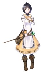 Rule 34 | 1girl, ahoge, bag, belt, black hair, boots, brown eyes, dress, fire emblem, fire emblem: radiant dawn, full body, highres, jewelry, laura (fire emblem), necklace, nintendo, ruis bacon, simple background, solo, staff, thighhighs, white background