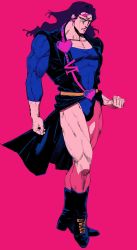 Rule 34 | 1boy, blue hair, boots, closed mouth, collarbone, commentary request, earrings, headband, heart, highres, jacket, jewelry, jojo no kimyou na bouken, leotard, long hair, male focus, muscular, muscular male, pink background, solo, souitiroukirari, stardust crusaders, thighs, vanilla ice, yellow eyes