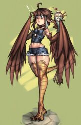 Rule 34 | !, 1girl, ahoge, bird legs, black choker, black tank top, blue eyes, blush, breasts, brown hair, brown wings, cherry, choker, claws, commentary, denim, denim shorts, dropping, english commentary, feathered wings, food, fruit, green background, harpy, highres, holding, holding food, ice cream, kelvin hiu, long hair, midriff, monster girl, navel, open mouth, original, second-party source, short shorts, shorts, small breasts, spoon, standing, standing on one leg, stomach, sundae, talons, tank top, thighs, winged arms, wings