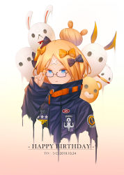 Rule 34 | 1girl, abigail williams (fate), abigail williams (traveling outfit) (fate), absurdres, adjusting eyewear, black bow, black jacket, blonde hair, blue eyes, blush, bow, fate/grand order, fate (series), glasses, hair bow, hair bun, happy birthday, heroic spirit traveling outfit, highres, jacket, key, long hair, long sleeves, looking at viewer, official alternate costume, orange bow, polka dot, polka dot bow, single hair bun, sleeves past fingers, sleeves past wrists, solo